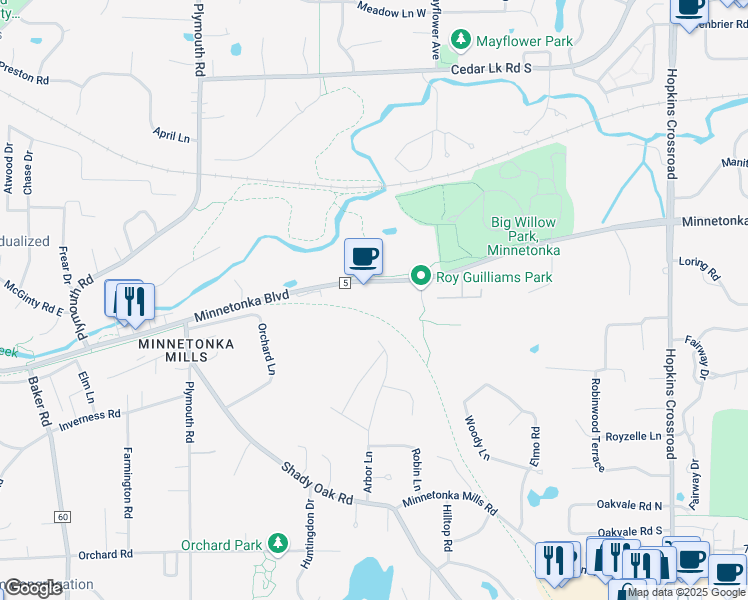 map of restaurants, bars, coffee shops, grocery stores, and more near 12201 Minnetonka Boulevard in Minnetonka