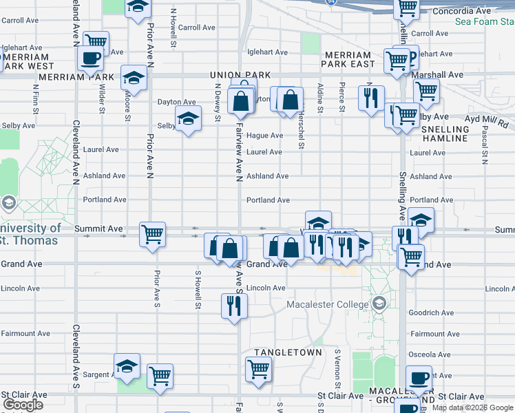 map of restaurants, bars, coffee shops, grocery stores, and more near 1783 Portland Avenue in Saint Paul
