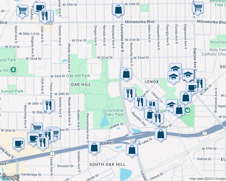 map of restaurants, bars, coffee shops, grocery stores, and more near 3320 Louisiana Avenue South in St. Louis Park