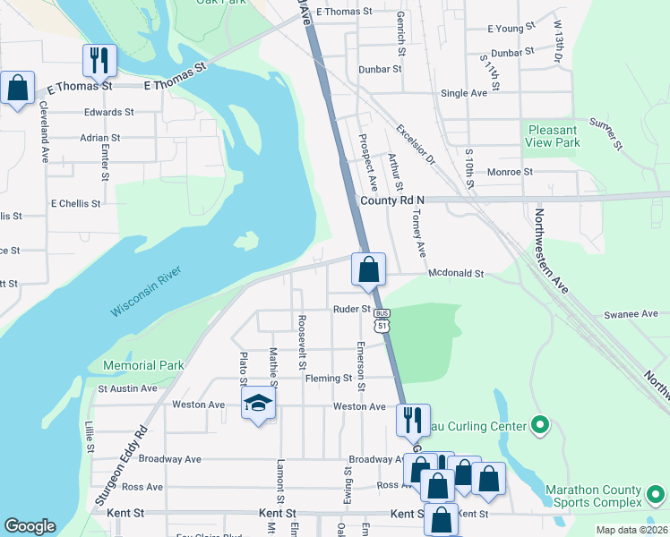 map of restaurants, bars, coffee shops, grocery stores, and more near 107a Sturgeon Eddy Road in Wausau