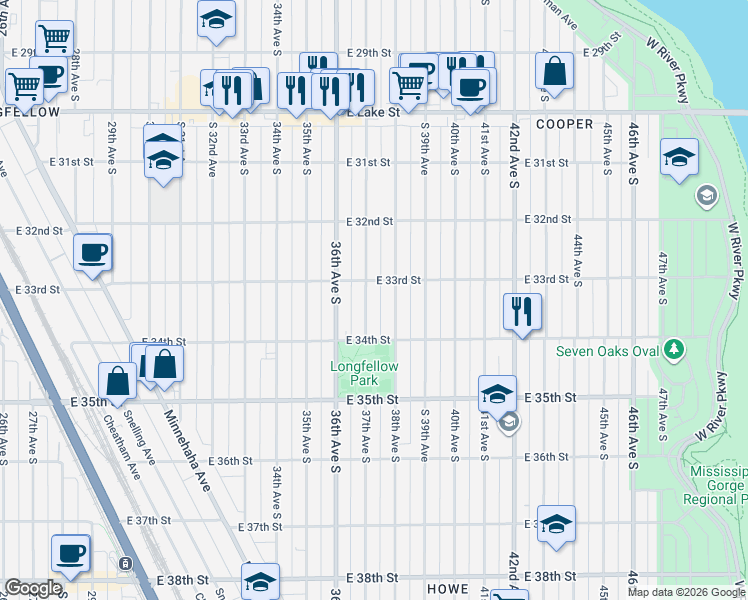 map of restaurants, bars, coffee shops, grocery stores, and more near 3307 37th Avenue South in Minneapolis
