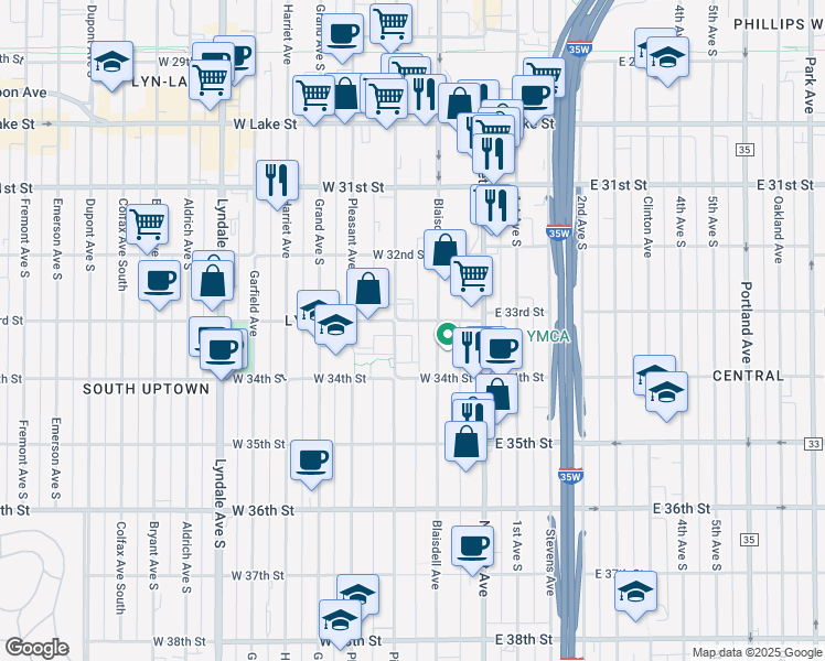 map of restaurants, bars, coffee shops, grocery stores, and more near 119 West 33rd Street in Minneapolis