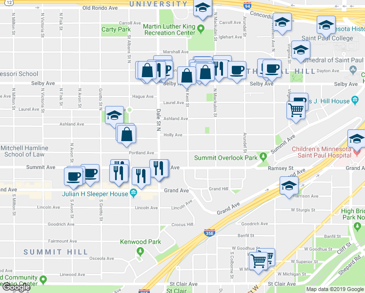 map of restaurants, bars, coffee shops, grocery stores, and more near 569 Portland Ave in St Paul
