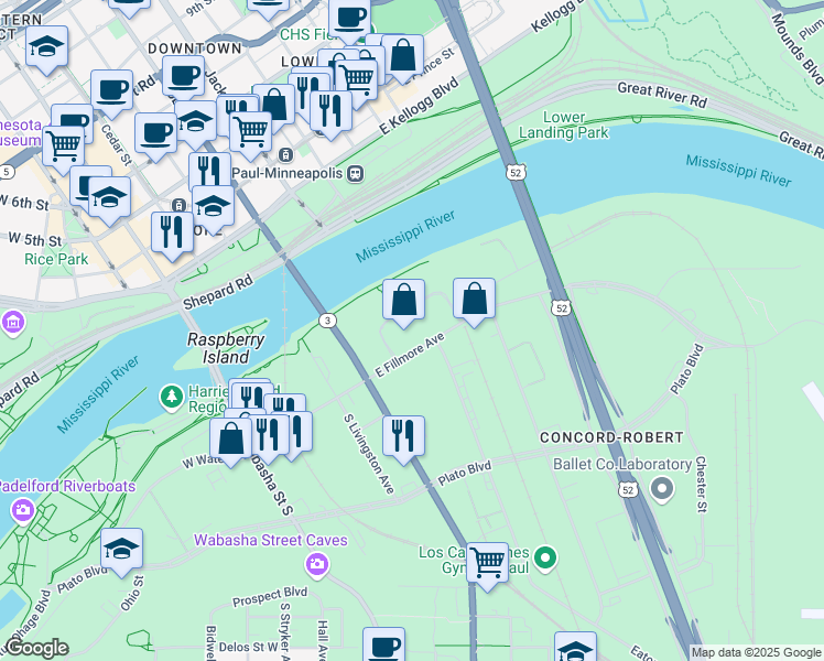 map of restaurants, bars, coffee shops, grocery stores, and more near in Saint Paul