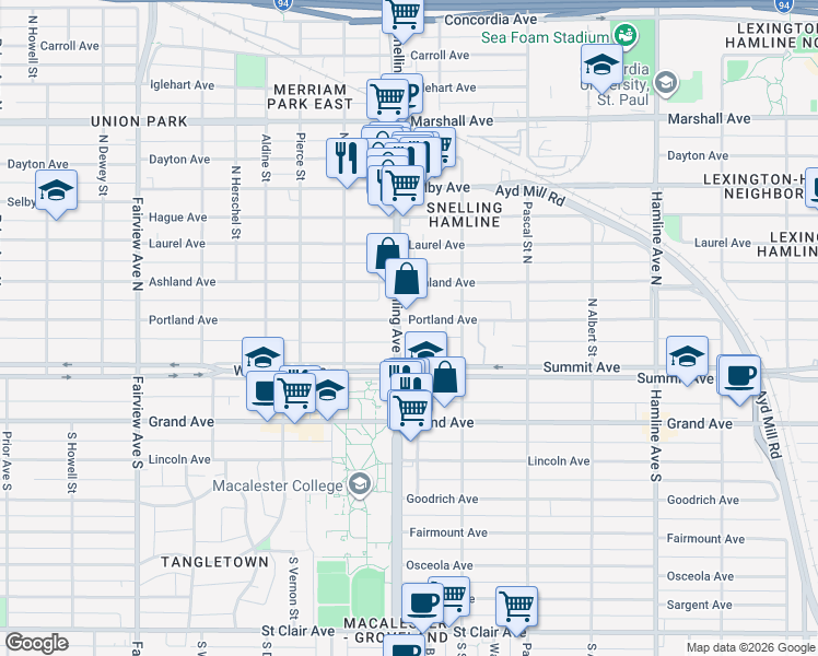 map of restaurants, bars, coffee shops, grocery stores, and more near 56 Snelling Avenue in Saint Paul