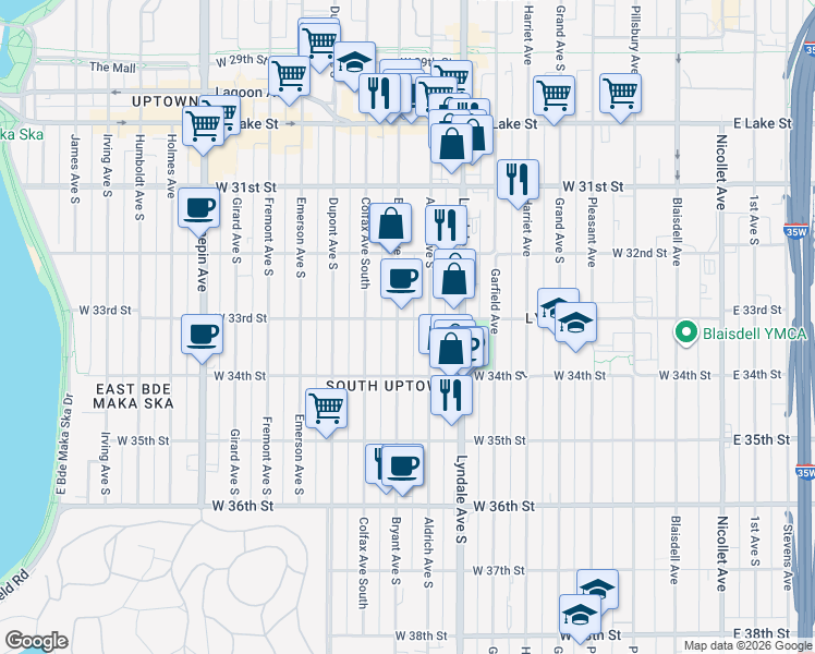 map of restaurants, bars, coffee shops, grocery stores, and more near 3252 Bryant Avenue South in Minneapolis
