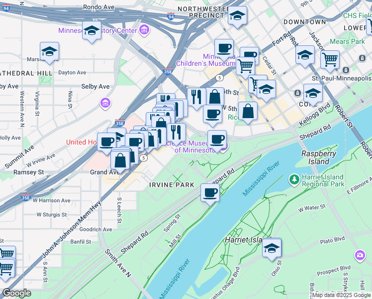map of restaurants, bars, coffee shops, grocery stores, and more near 195 Exchange Street South in Saint Paul