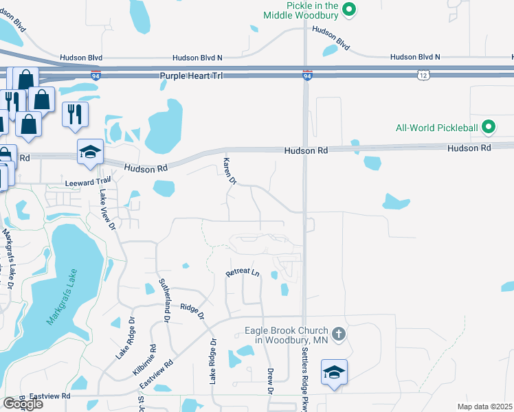 map of restaurants, bars, coffee shops, grocery stores, and more near 442 Karen Way in Woodbury