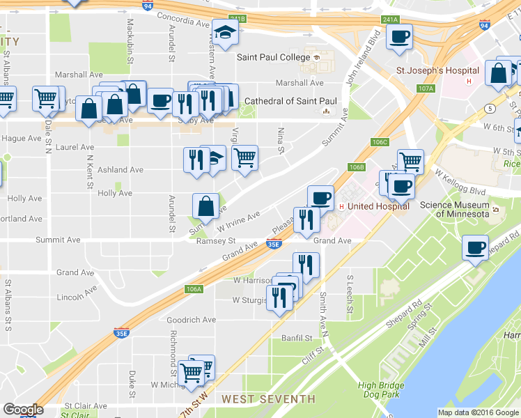 map of restaurants, bars, coffee shops, grocery stores, and more near 321 West Irvine Avenue in Saint Paul