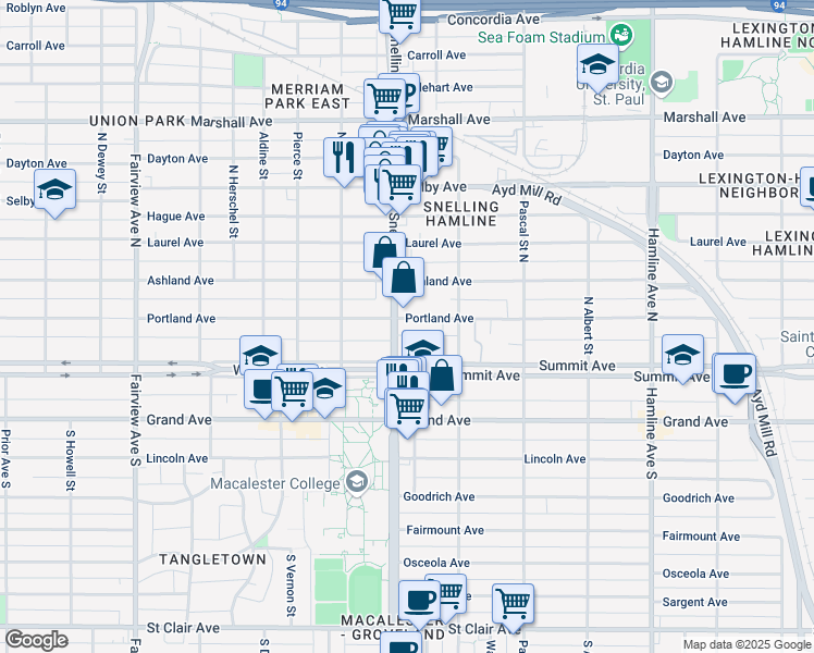 map of restaurants, bars, coffee shops, grocery stores, and more near 56 Snelling Avenue in Saint Paul