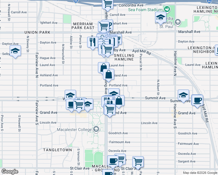 map of restaurants, bars, coffee shops, grocery stores, and more near 56 Snelling Avenue in Saint Paul