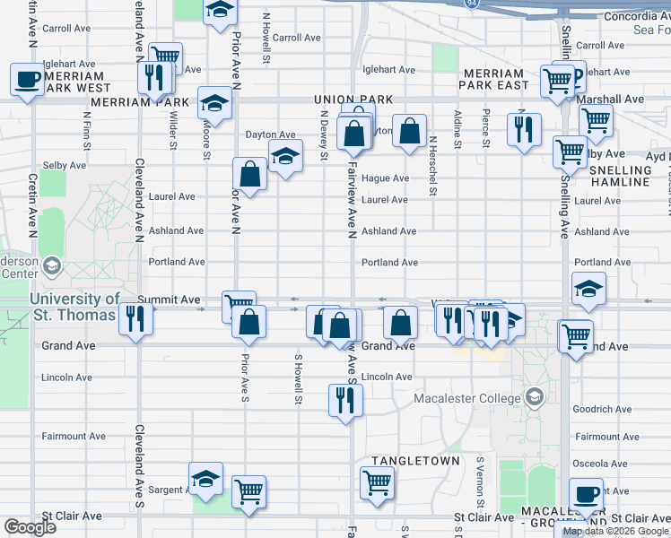 map of restaurants, bars, coffee shops, grocery stores, and more near 1849 Portland Avenue in Saint Paul
