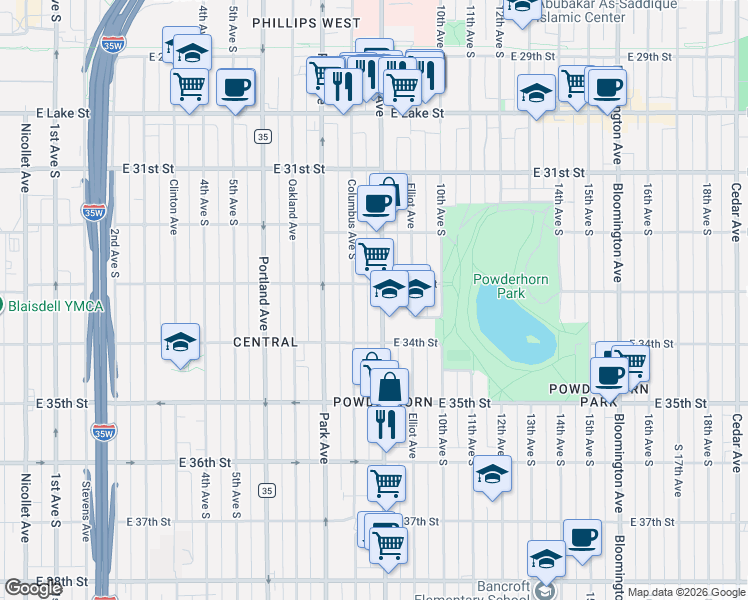 map of restaurants, bars, coffee shops, grocery stores, and more near in Minneapolis