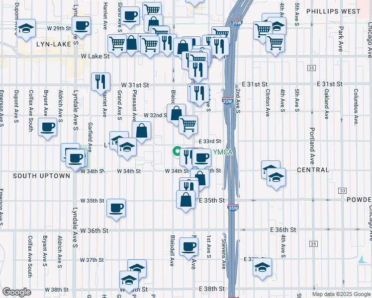 map of restaurants, bars, coffee shops, grocery stores, and more near in Minneapolis