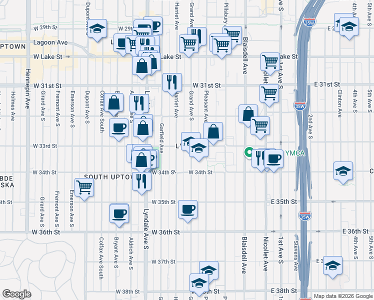 map of restaurants, bars, coffee shops, grocery stores, and more near in Minneapolis