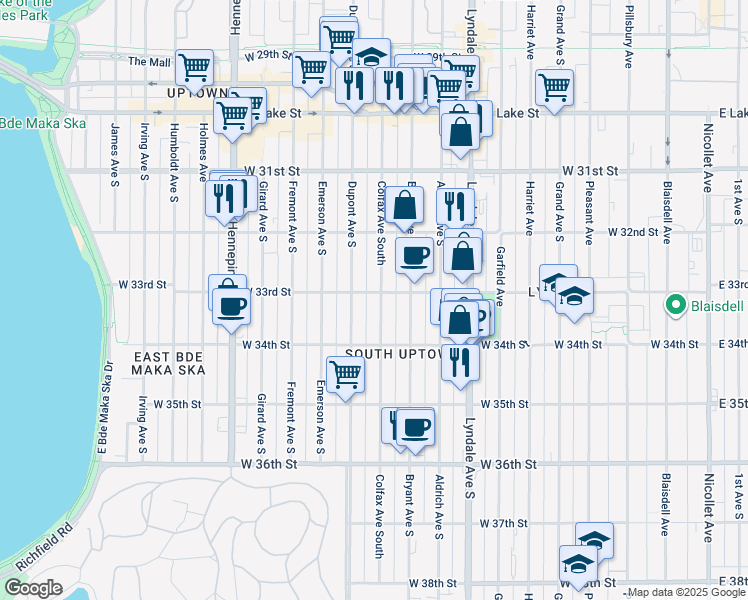map of restaurants, bars, coffee shops, grocery stores, and more near in Minneapolis