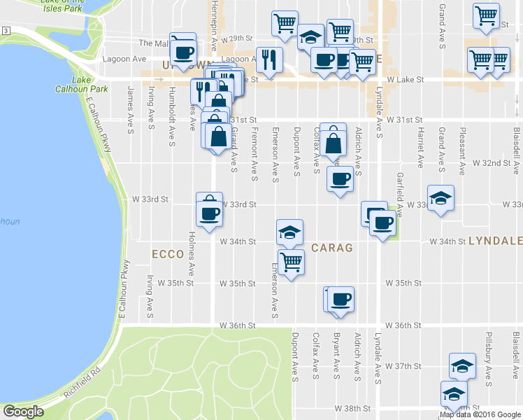 map of restaurants, bars, coffee shops, grocery stores, and more near 3253 Fremont Avenue South in Minneapolis