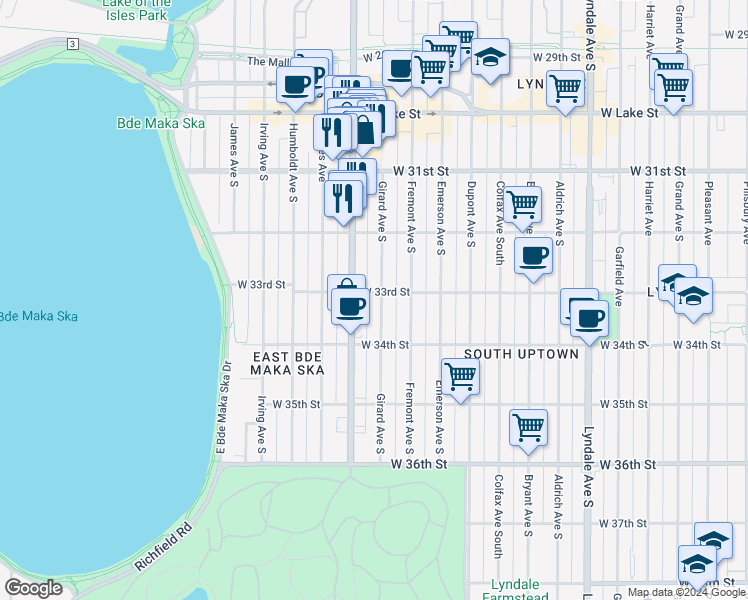 map of restaurants, bars, coffee shops, grocery stores, and more near 3253 Girard Avenue South in Minneapolis