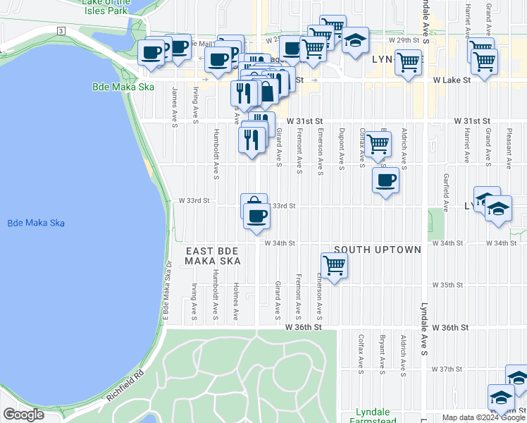 map of restaurants, bars, coffee shops, grocery stores, and more near 3254 Hennepin Avenue in Minneapolis