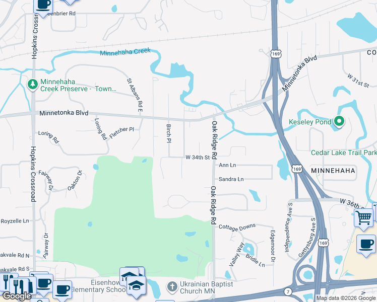 map of restaurants, bars, coffee shops, grocery stores, and more near 3329 Chippewa Road in Hopkins