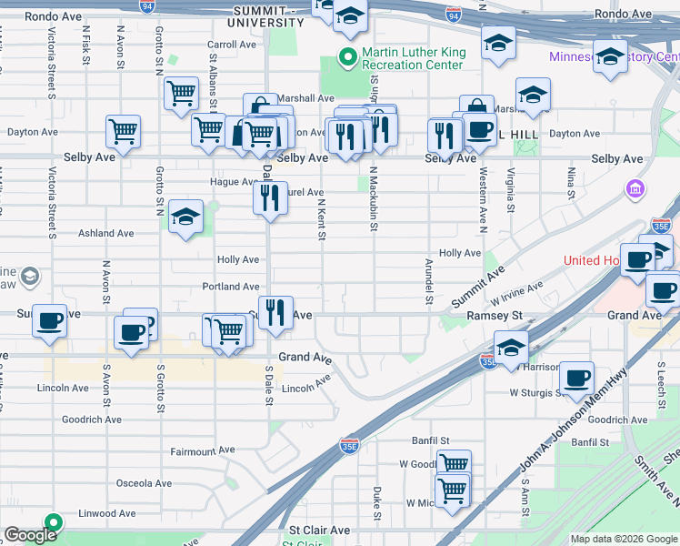 map of restaurants, bars, coffee shops, grocery stores, and more near 546 Holly Avenue in Saint Paul