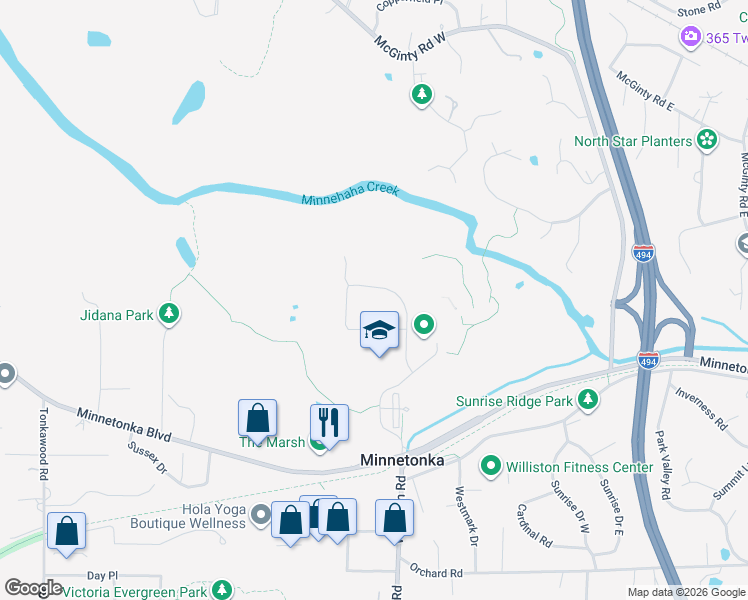 map of restaurants, bars, coffee shops, grocery stores, and more near 14815 Timberhill Road in Minnetonka