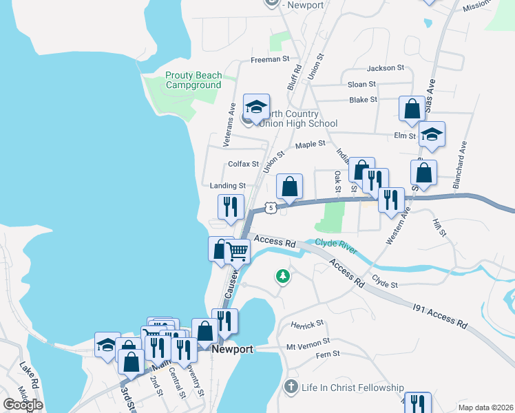 map of restaurants, bars, coffee shops, grocery stores, and more near 23 East Main Street in Newport