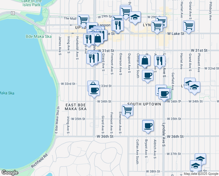 map of restaurants, bars, coffee shops, grocery stores, and more near 3300 Fremont Avenue South in Minneapolis