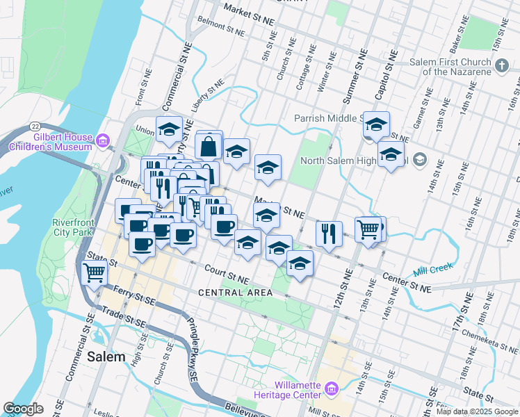 map of restaurants, bars, coffee shops, grocery stores, and more near 700 Marion Street Northeast in Salem