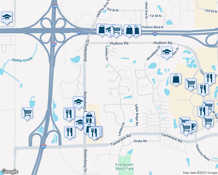 map of restaurants, bars, coffee shops, grocery stores, and more near 250 Cambria Court in Woodbury