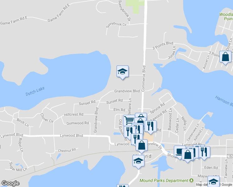 map of restaurants, bars, coffee shops, grocery stores, and more near 5765 Grandview Boulevard in Mound