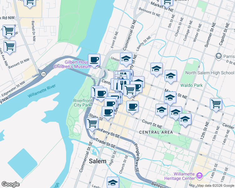 map of restaurants, bars, coffee shops, grocery stores, and more near 365 Liberty Street Northeast in Salem