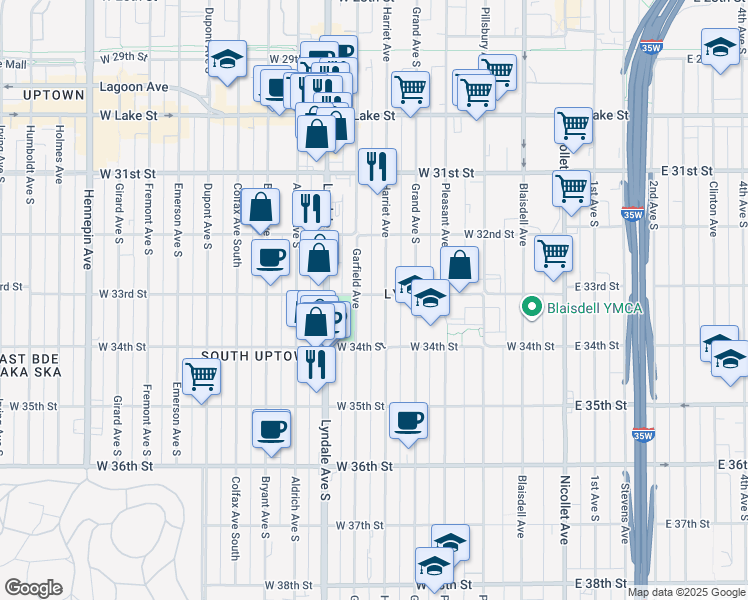 map of restaurants, bars, coffee shops, grocery stores, and more near in Minneapolis