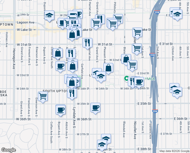 map of restaurants, bars, coffee shops, grocery stores, and more near in Minneapolis