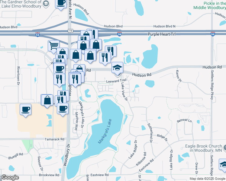 map of restaurants, bars, coffee shops, grocery stores, and more near 413 Lakeview Alcove in Woodbury
