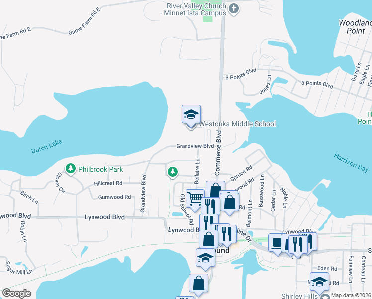 map of restaurants, bars, coffee shops, grocery stores, and more near 5733 Grandview Boulevard in Mound