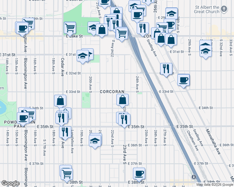 map of restaurants, bars, coffee shops, grocery stores, and more near 2209 East 33rd Street in Minneapolis