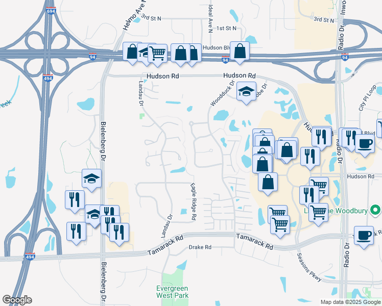 map of restaurants, bars, coffee shops, grocery stores, and more near 321 Elan Court in Woodbury