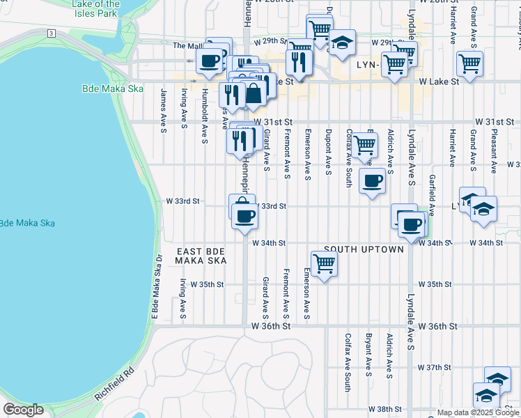 map of restaurants, bars, coffee shops, grocery stores, and more near 3300 Girard Avenue South in Minneapolis