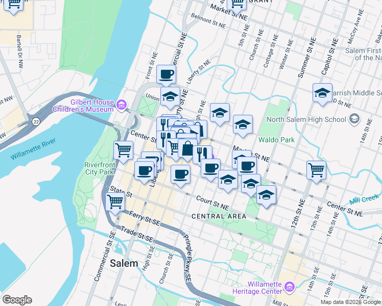 map of restaurants, bars, coffee shops, grocery stores, and more near 501-551 Center Street Northeast in Salem