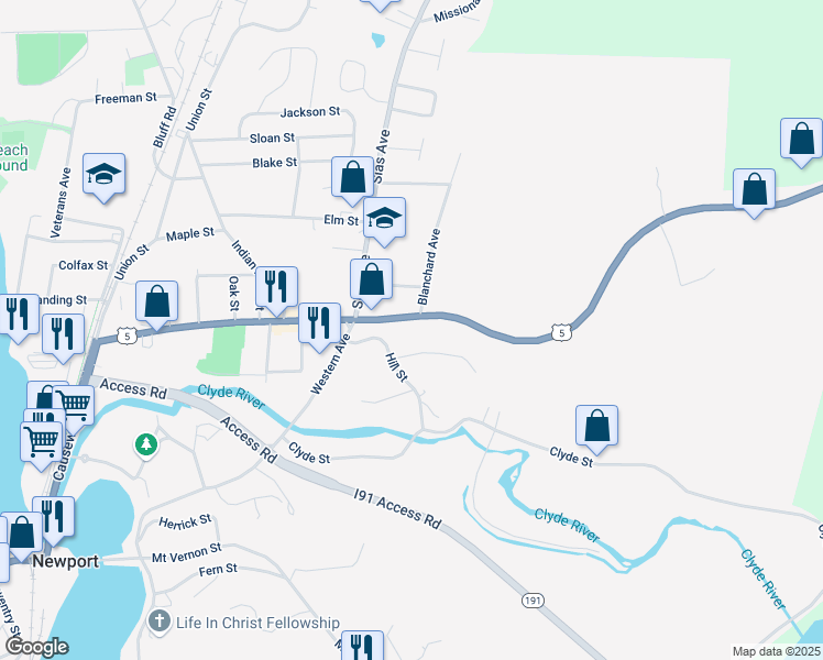 map of restaurants, bars, coffee shops, grocery stores, and more near 594 East Main Street in Newport