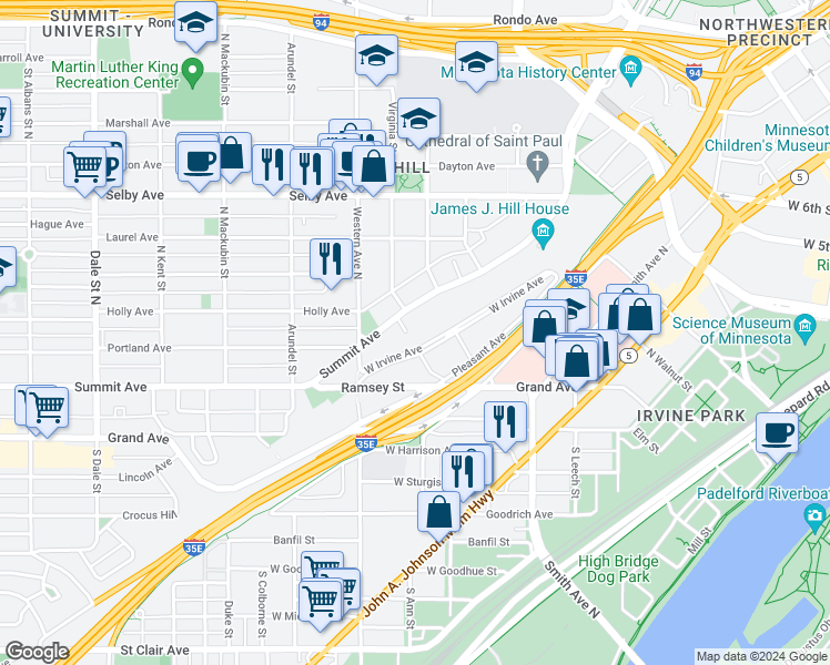 map of restaurants, bars, coffee shops, grocery stores, and more near 344 Summit Avenue in Saint Paul
