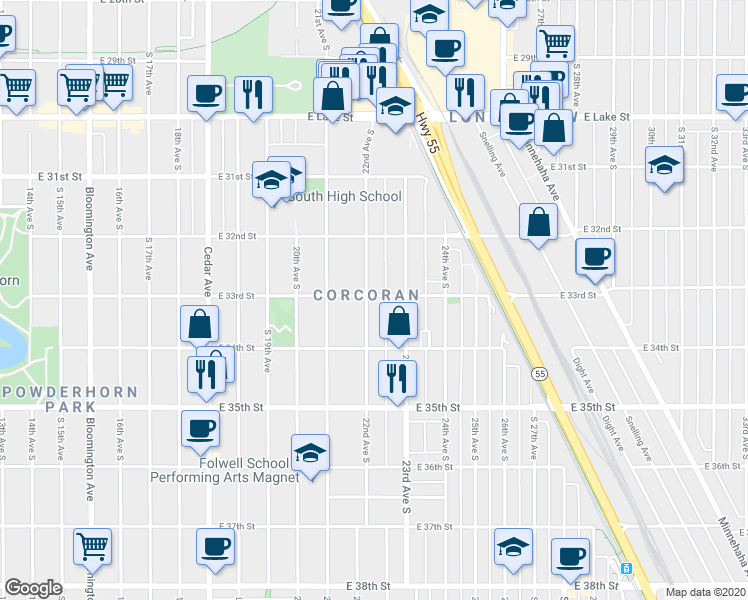 map of restaurants, bars, coffee shops, grocery stores, and more near 3245 22nd Avenue South in Minneapolis