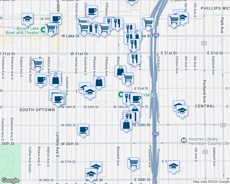 map of restaurants, bars, coffee shops, grocery stores, and more near 119 West 33rd Street in Minneapolis