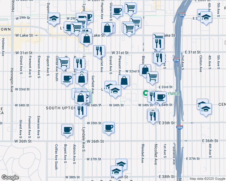 map of restaurants, bars, coffee shops, grocery stores, and more near 3303 Grand Avenue South in Minneapolis