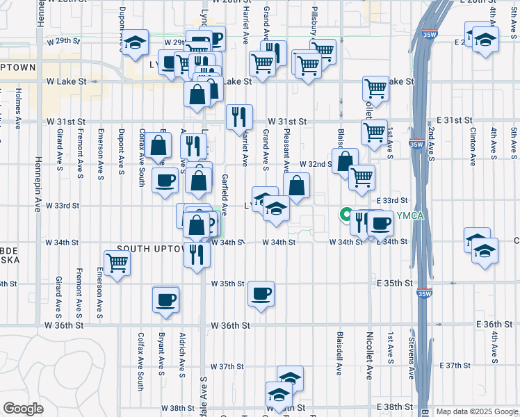 map of restaurants, bars, coffee shops, grocery stores, and more near in Minneapolis