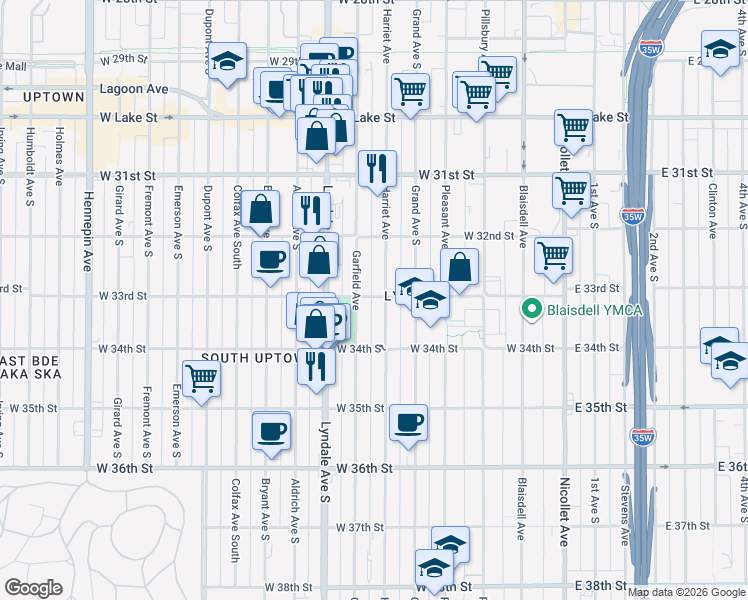 map of restaurants, bars, coffee shops, grocery stores, and more near in Minneapolis