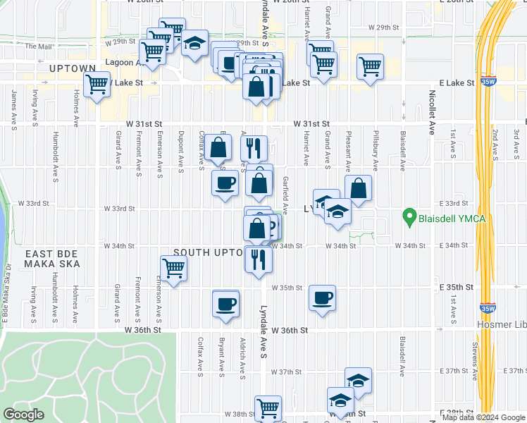 map of restaurants, bars, coffee shops, grocery stores, and more near 3255 Lyndale Avenue South in Minneapolis