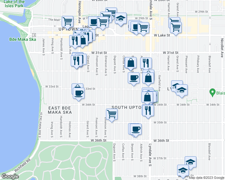 map of restaurants, bars, coffee shops, grocery stores, and more near 3253 Emerson Avenue South in Minneapolis