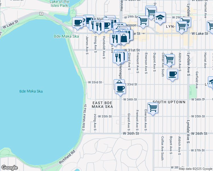 map of restaurants, bars, coffee shops, grocery stores, and more near 3252 Holmes Avenue in Minneapolis